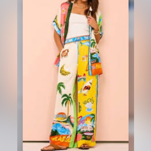 Womens Floral Fruit Print Short Sleeve & Shirt Wide Leg Pants Beach Outfit sz XL - Picture 12 of 16